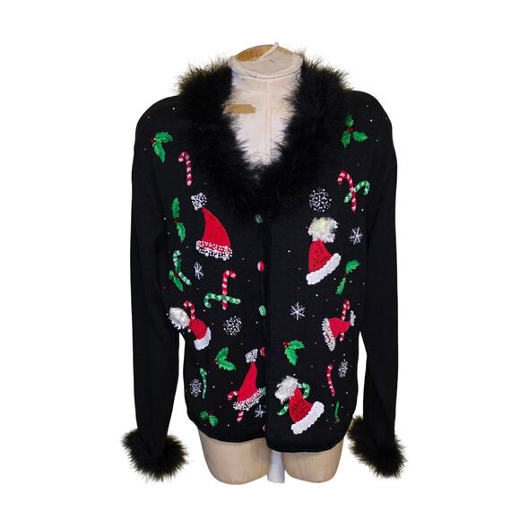 Jack B Quick Womens XL Christmas Cardigan Sweater Embellished‎ Beaded Vintage - Picture 1 of 5